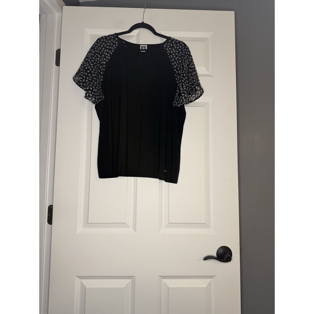 Anne Klein Sheer Short Printed Sleeve Top Large Black White
